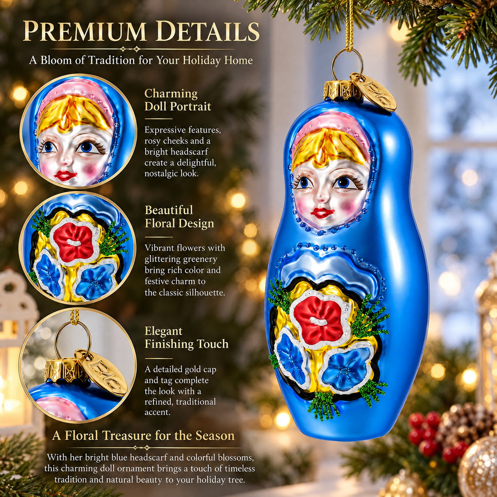 Blue Doll with Flower Glass Christmas Ornament