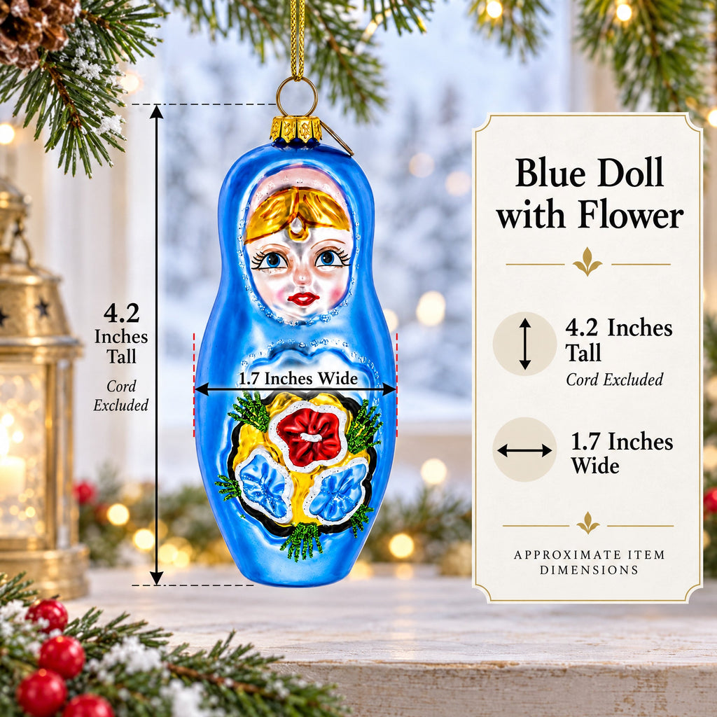 Blue Doll with Flower Glass Christmas Ornament