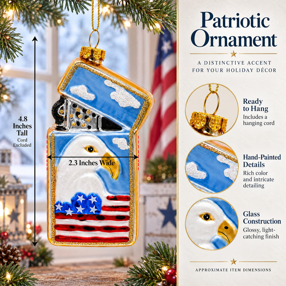Lighter with USA Flag and Eagle Glass Christmas Ornament