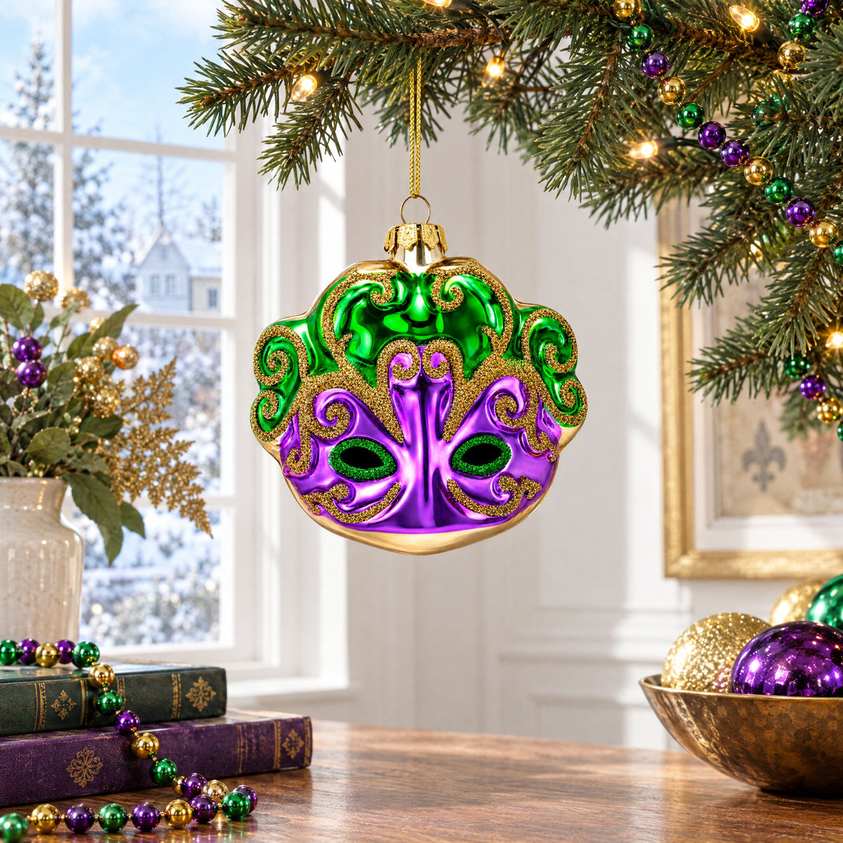 Purple Mask Glass Christmas Ornament