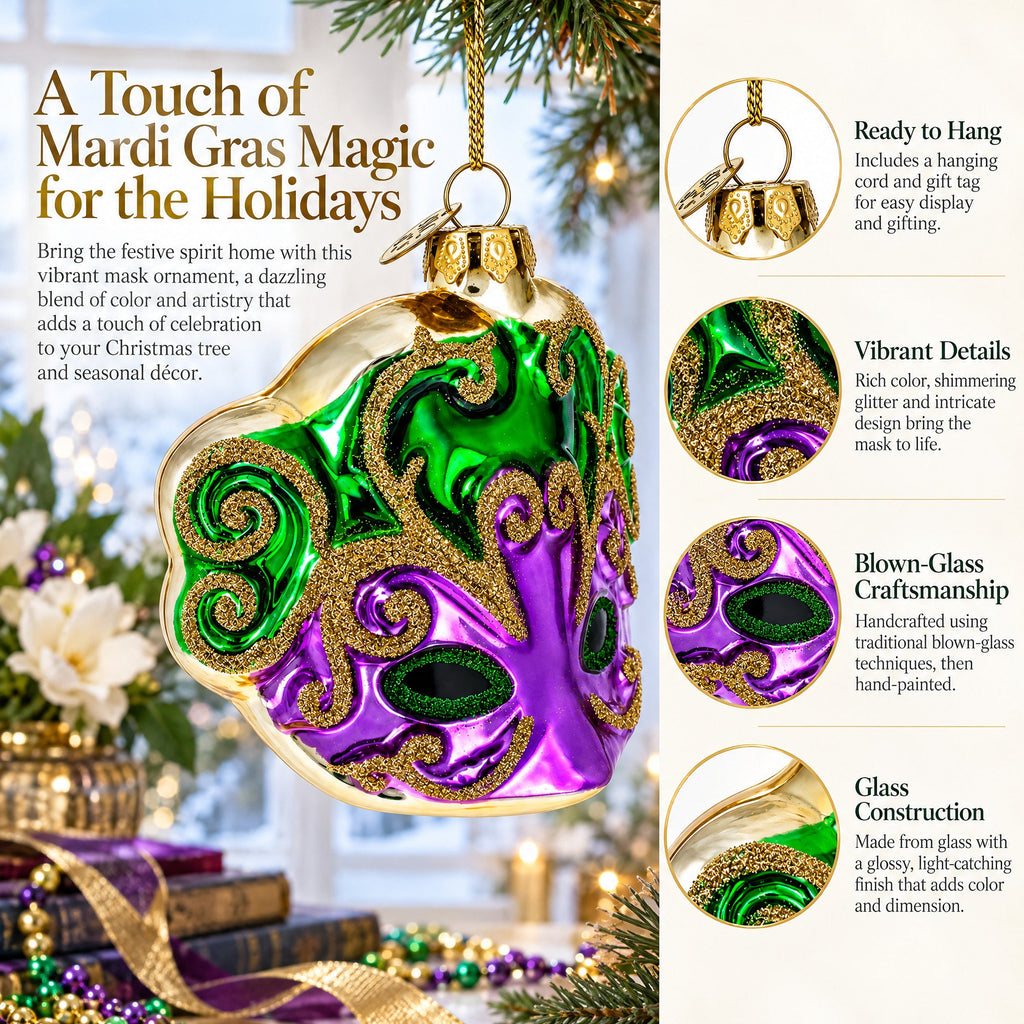 Purple Mask Glass Christmas Ornament