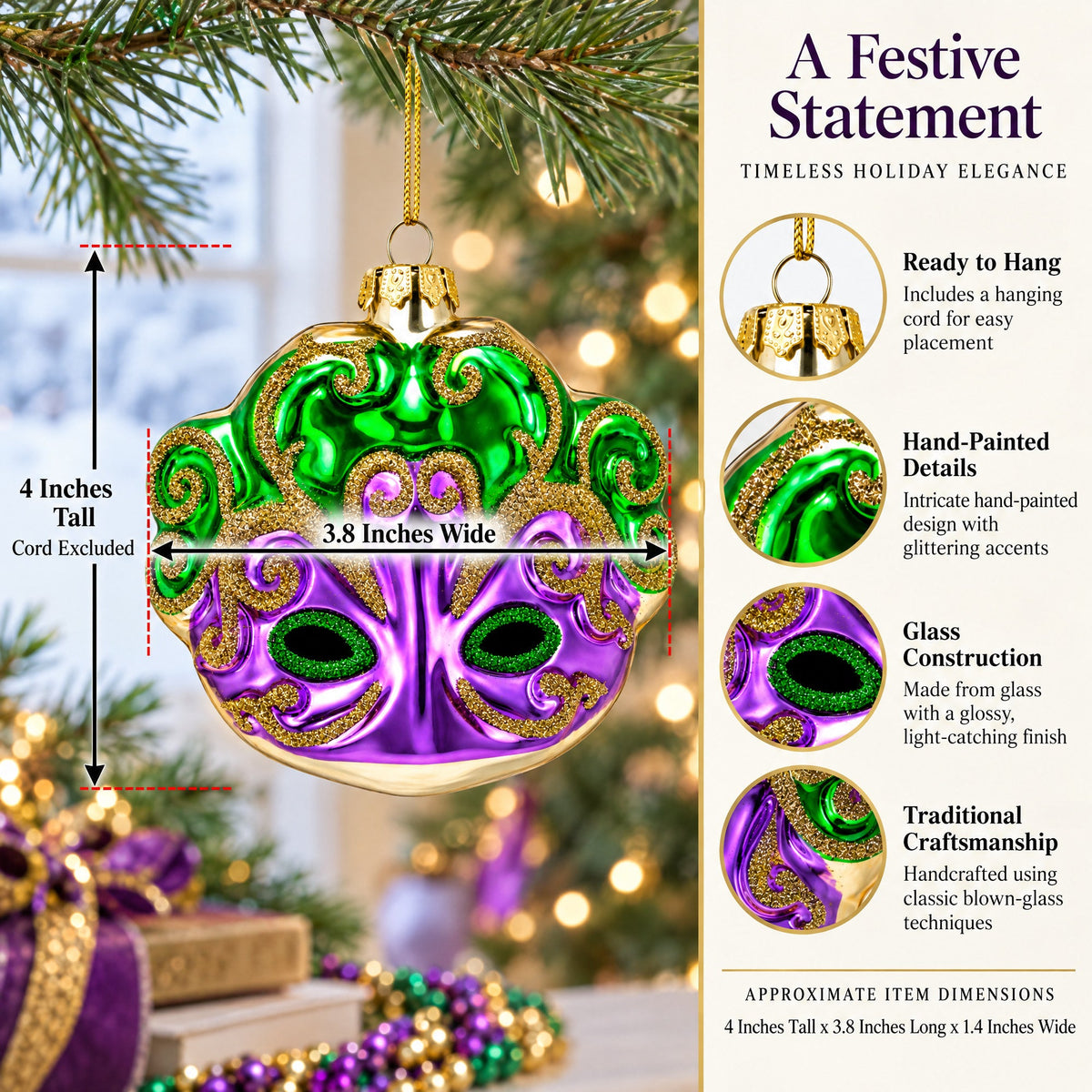 Purple Mask Glass Christmas Ornament