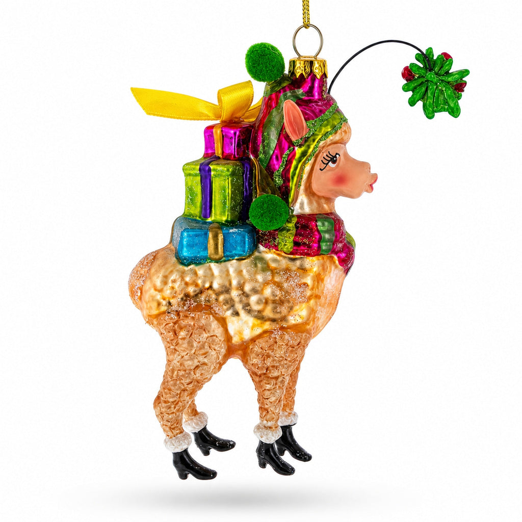 Lama Carrying Gifts Glass Christmas Ornament