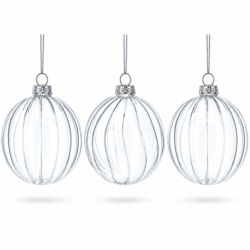 Elegant Set of 3 Striped Clear Glass Ball Christmas Ornaments 3.5 Inches