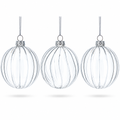 Elegant Set of 3 Striped Clear Glass Ball Christmas Ornaments 3.5 Inches
