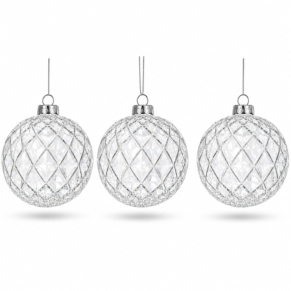 Set of 3 Clear Ribbed Sphere Glass Christmas Ornament 3.5 Inches