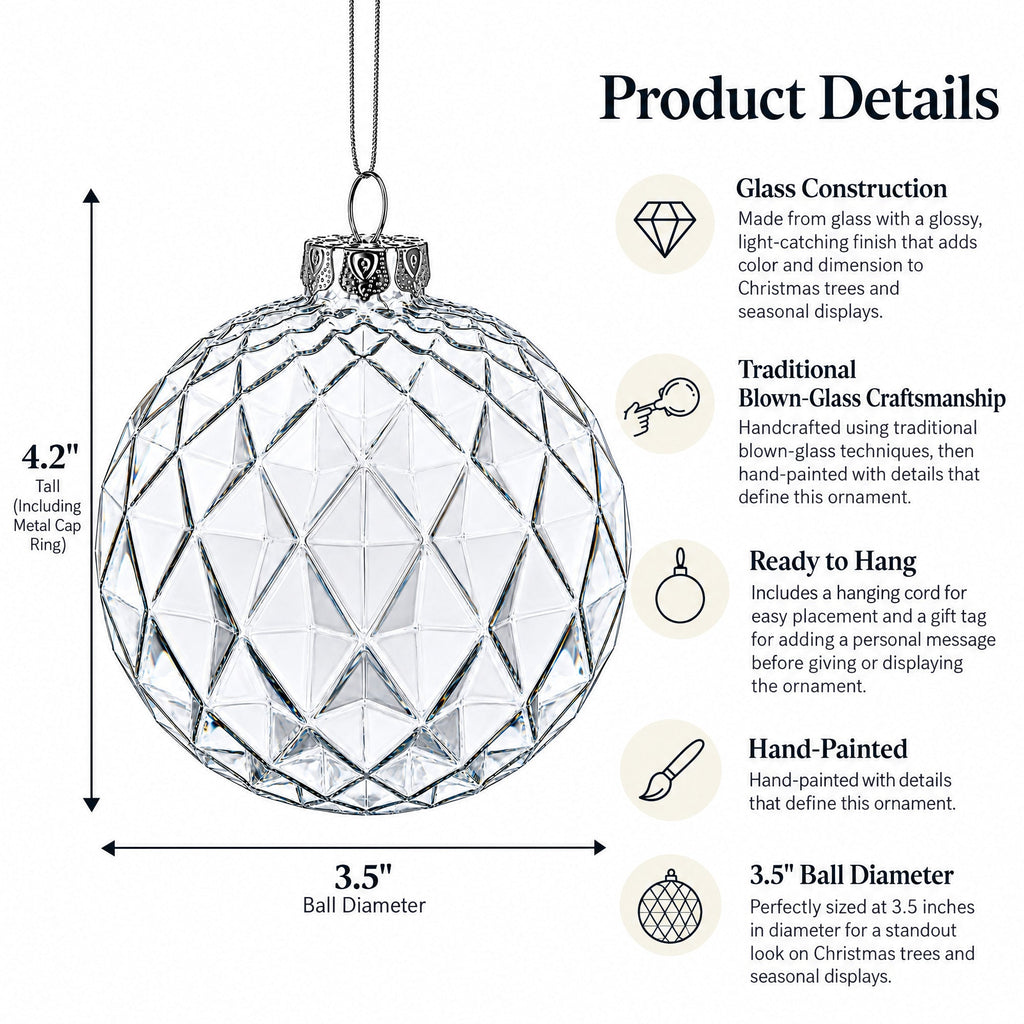Set of 3 Clear Ribbed Sphere Glass Christmas Ornament 3.5 Inches