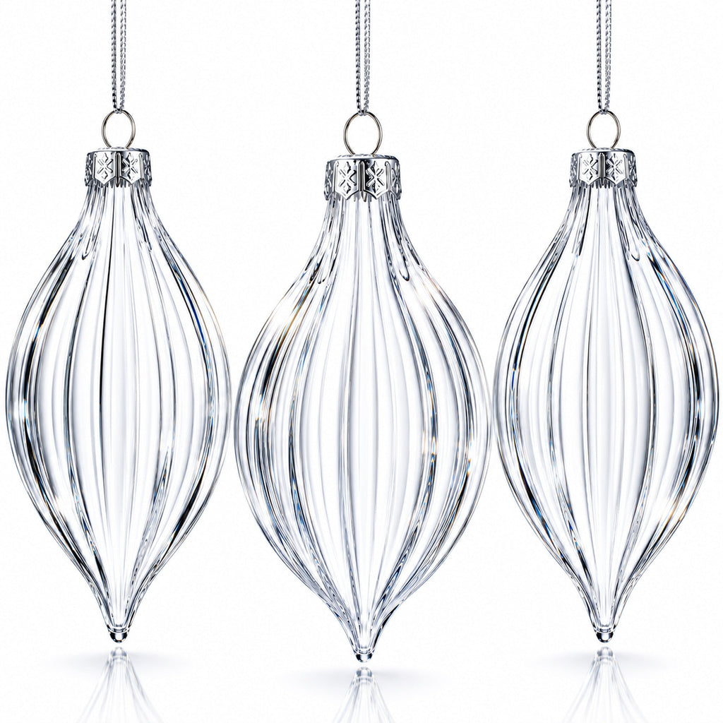 Set of 3 Striped Rhombus Finial Clear Glass Ornament 5.8 Inches