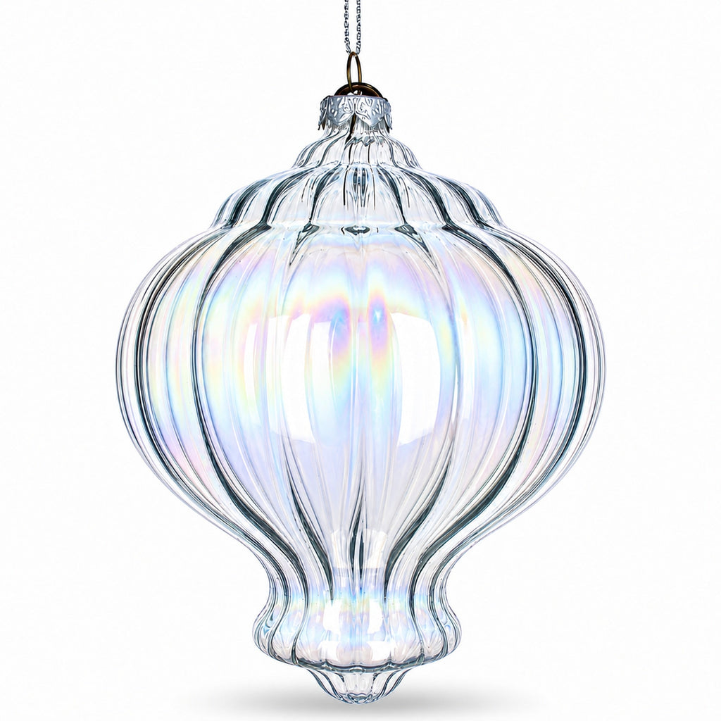Lantern Shape Finial Clear Iridescent Glass Christmas Ornament 5.3 Inches