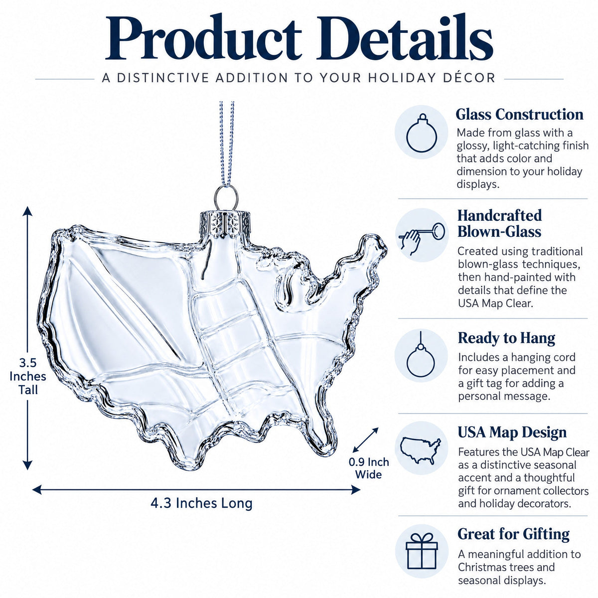 USA Map Clear Glass Christmas Ornament