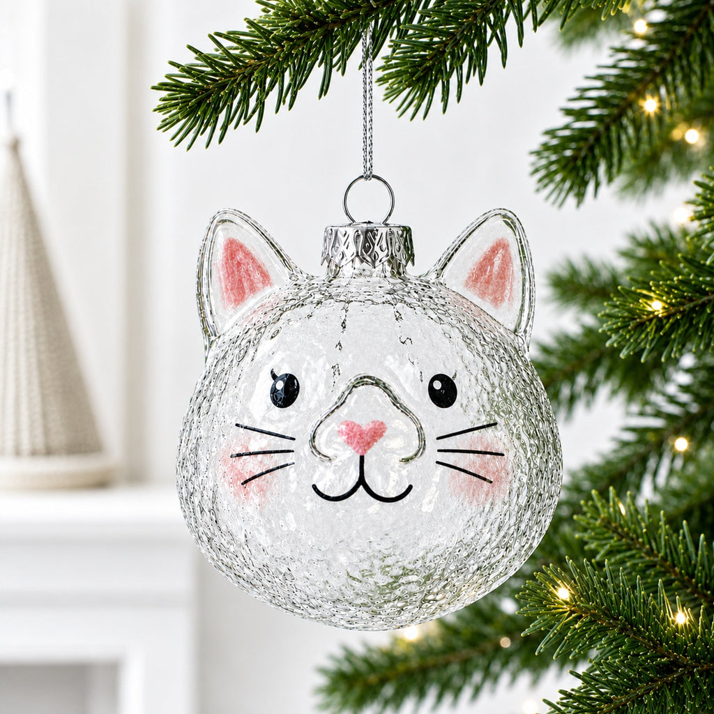 Mini Cat Head Clear Glass Christmas Ornament