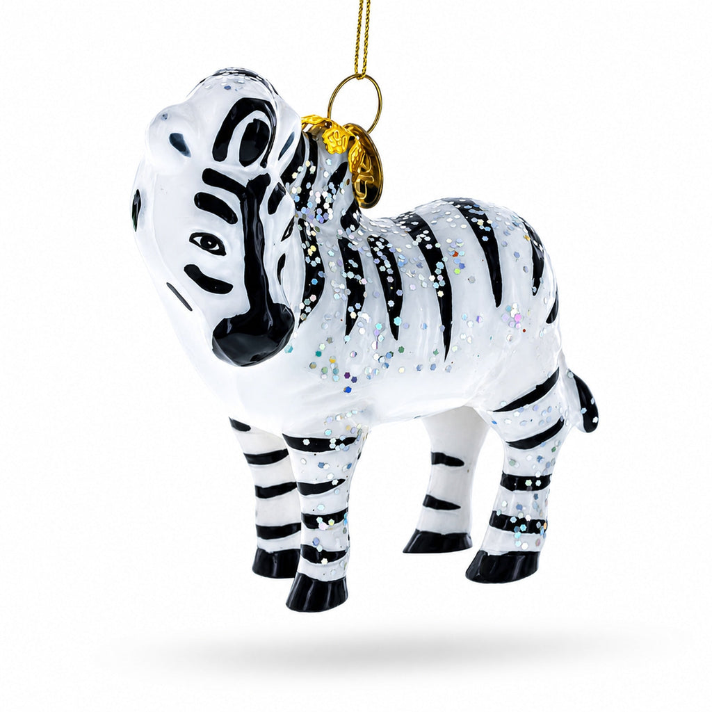 Glittered Zebra Glass Christmas Ornament