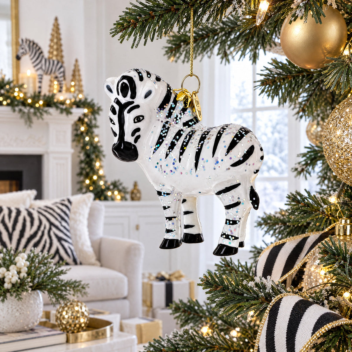 Glittered Zebra Glass Christmas Ornament