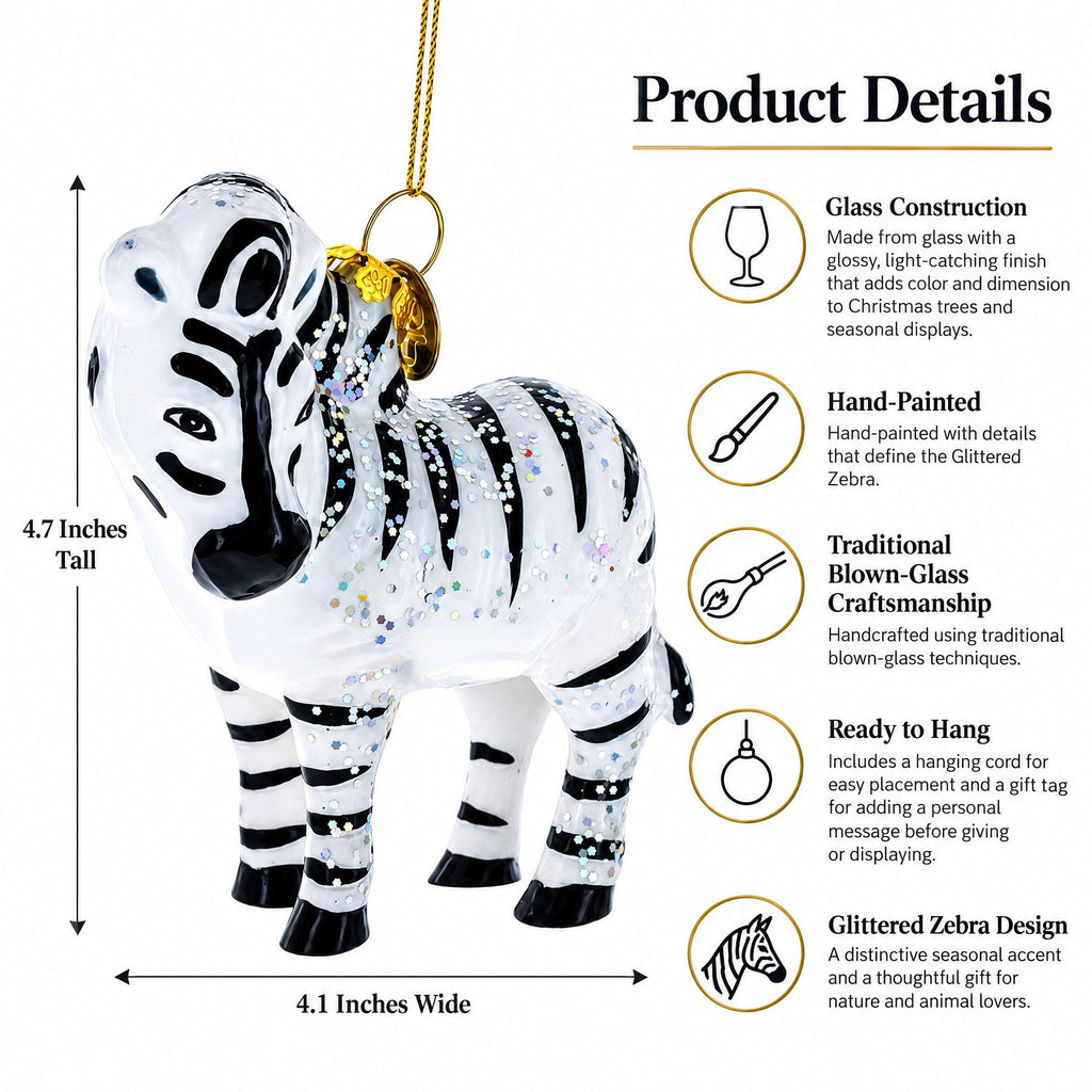 Glittered Zebra Glass Christmas Ornament