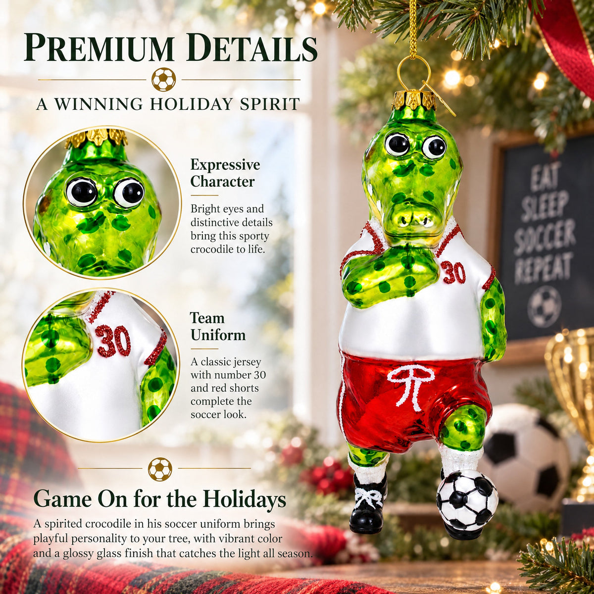 Crocodile Soccer Player Glass Christmas Ornament