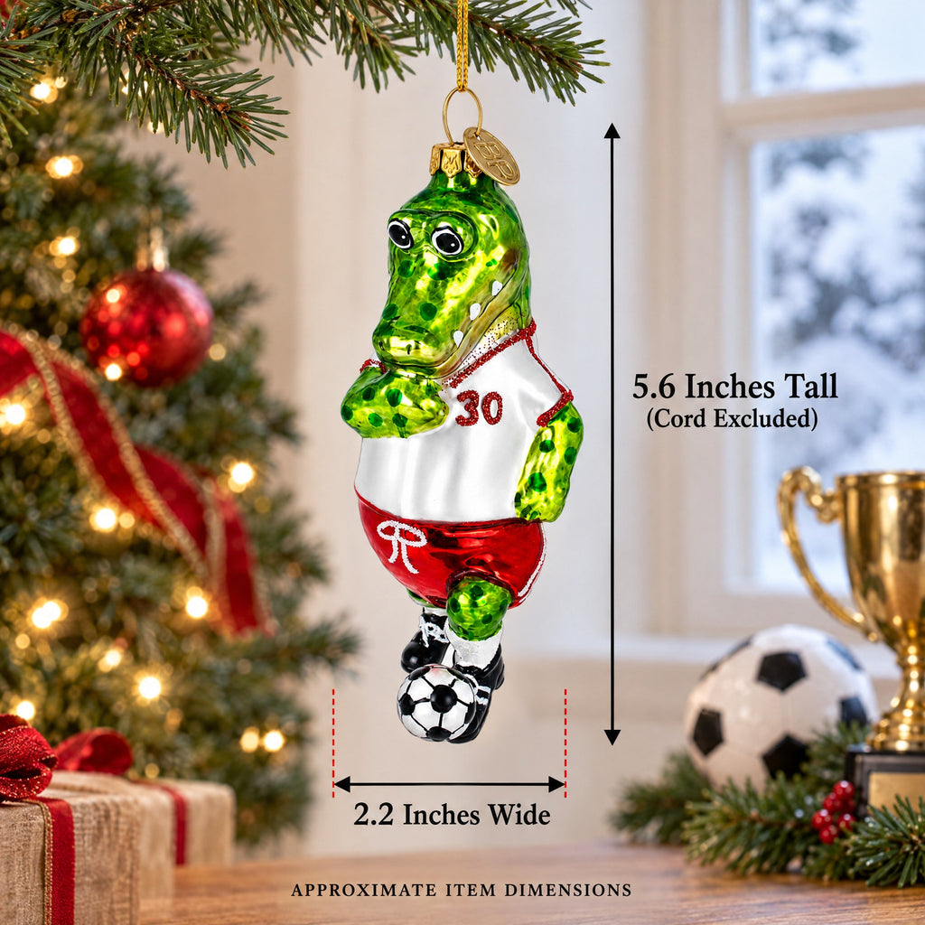 Crocodile Soccer Player Glass Christmas Ornament