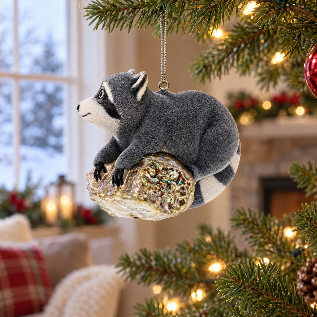 Racoon on a Log Glass Christmas Ornament