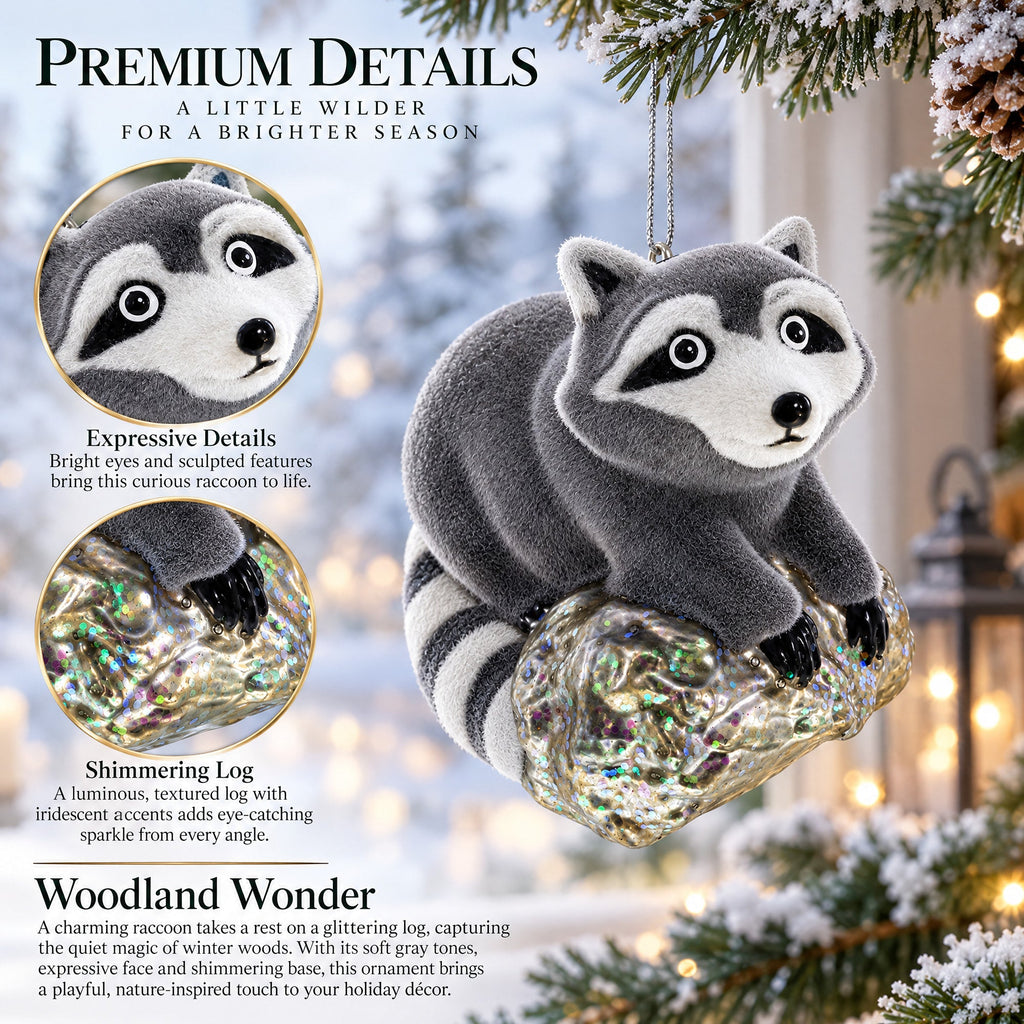 Racoon on a Log Glass Christmas Ornament
