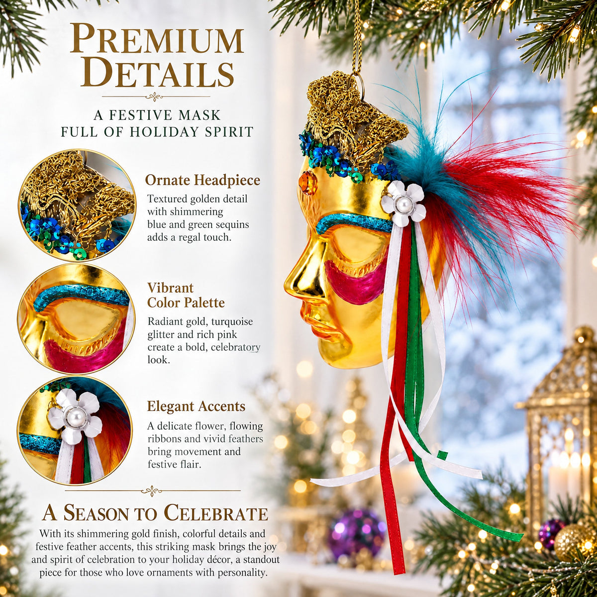 Celebratory Mask Glass Christmas Ornament