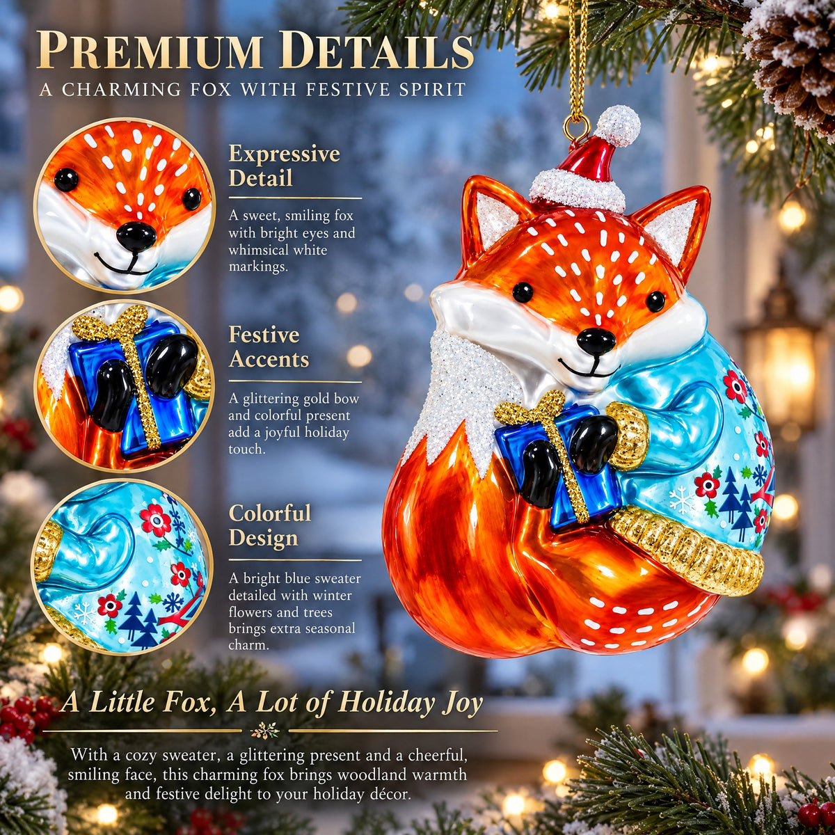 Fox with Gifts Glass Christmas Ornament