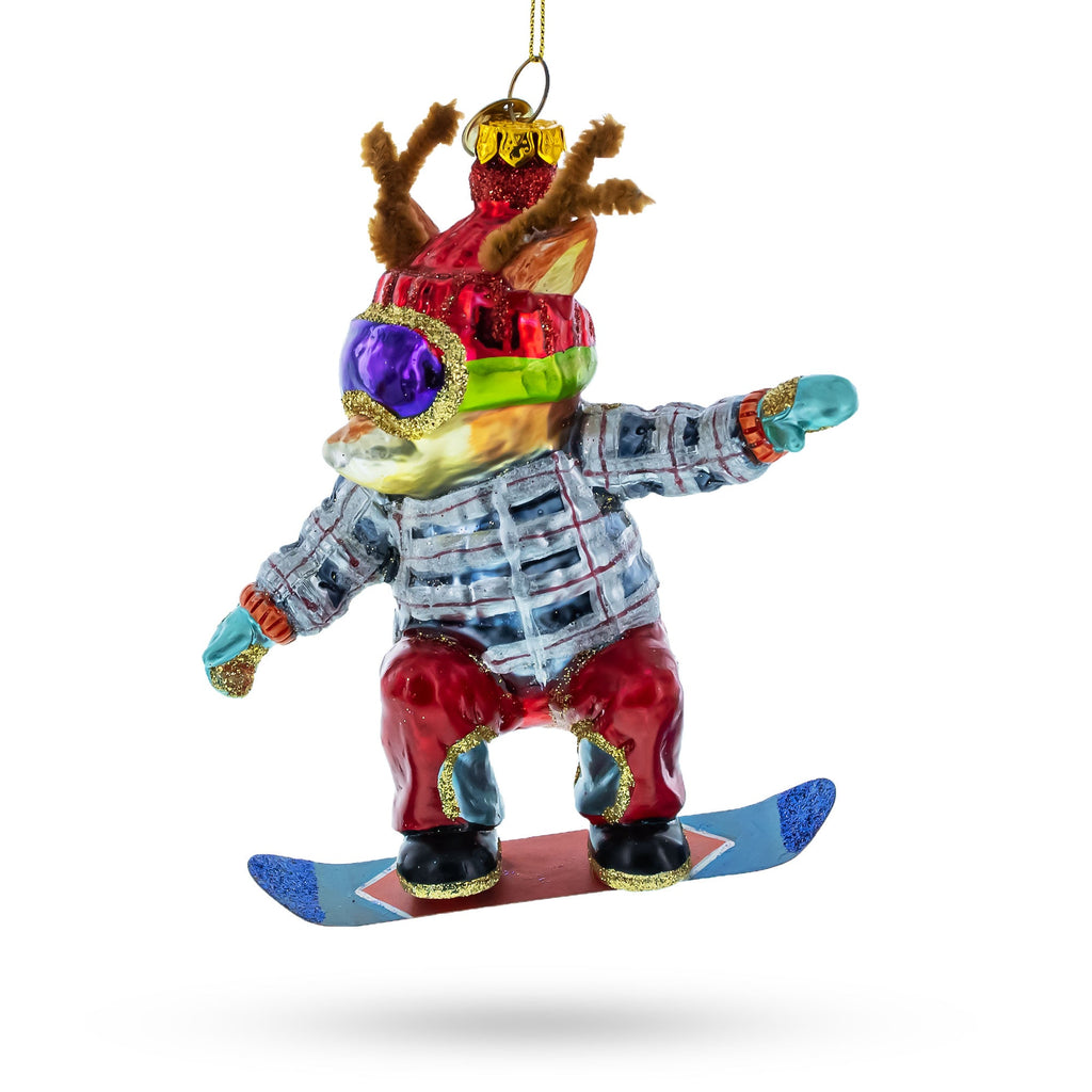 Moose on Snowboard Glass Christmas Ornament