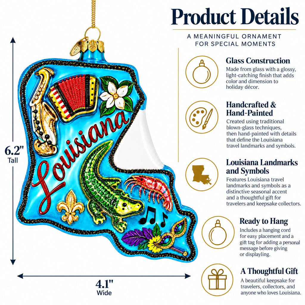 Louisiana Travel Landmarks and Symbols Glass Christmas Ornament