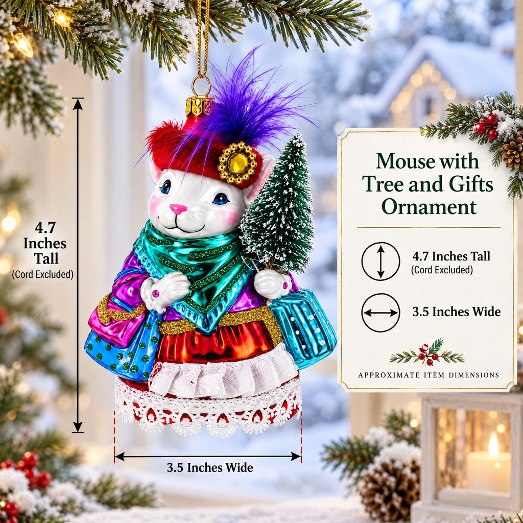 Mouse with Tree and Gifts Glass Christmas Ornament