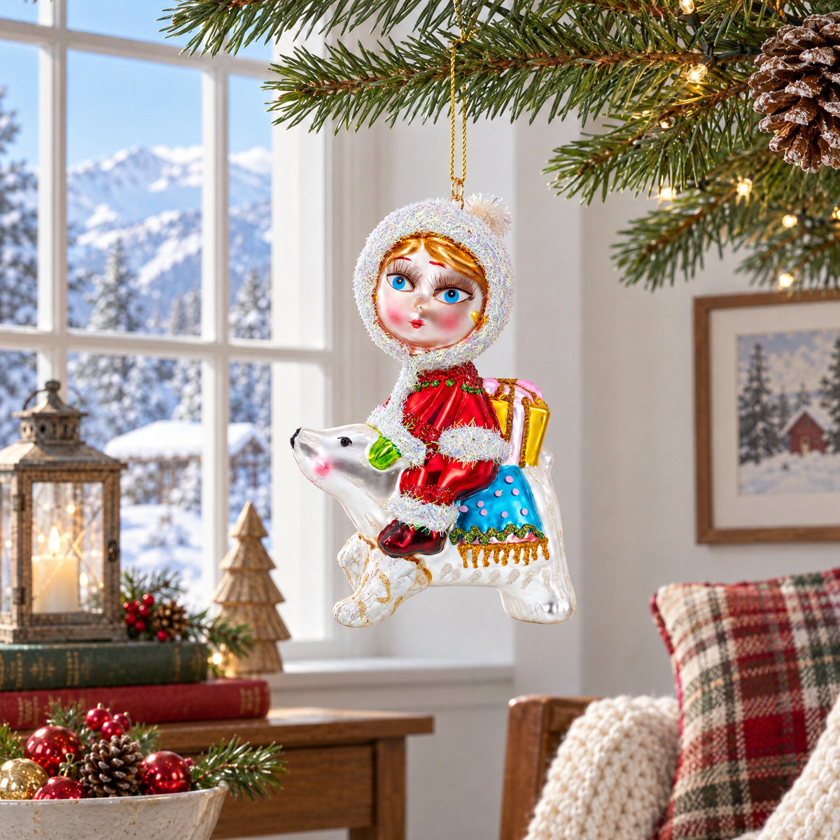 Girl Riding a Polar Bear Hand Glass Christmas Ornament