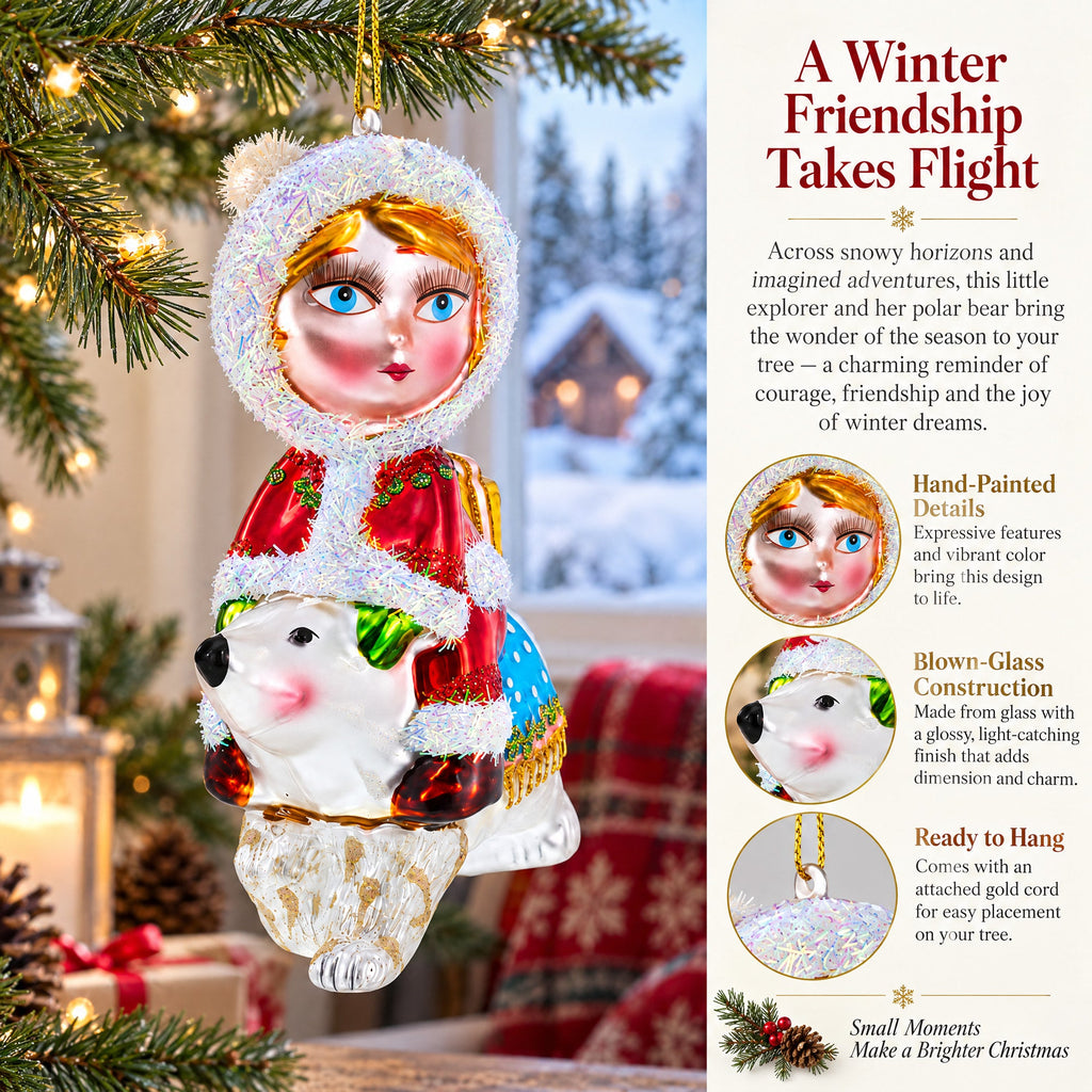 Girl Riding a Polar Bear Hand Glass Christmas Ornament