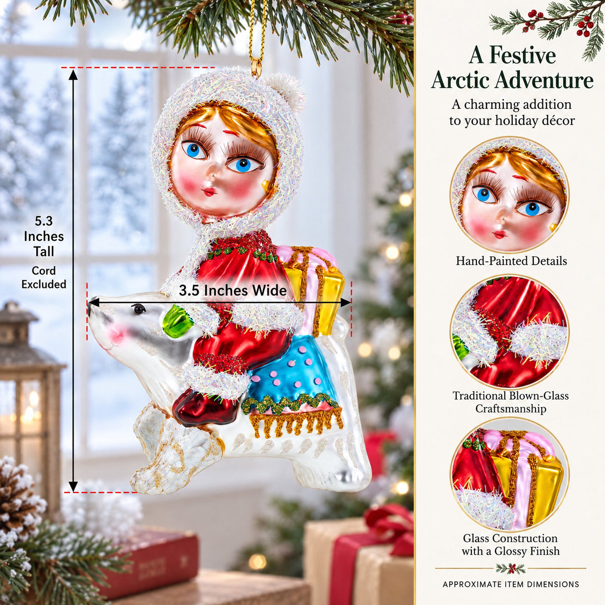 Girl Riding a Polar Bear Hand Glass Christmas Ornament