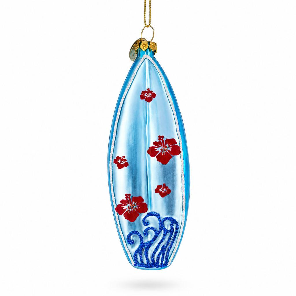 Tropical Vibes Blue Surfboard Glass Christmas Ornament