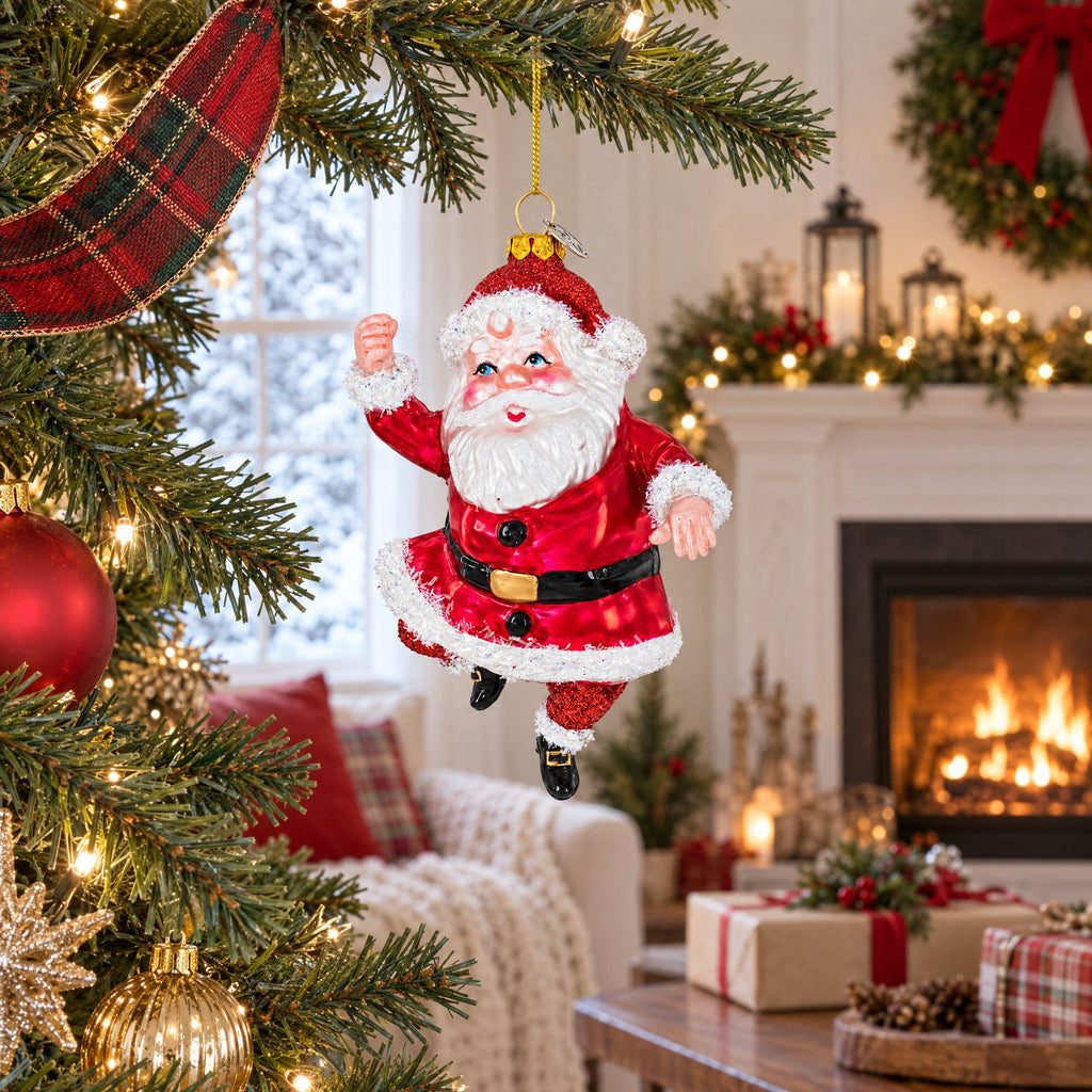 Santa Boogying in Festive Red Attire Glass Christmas Ornament