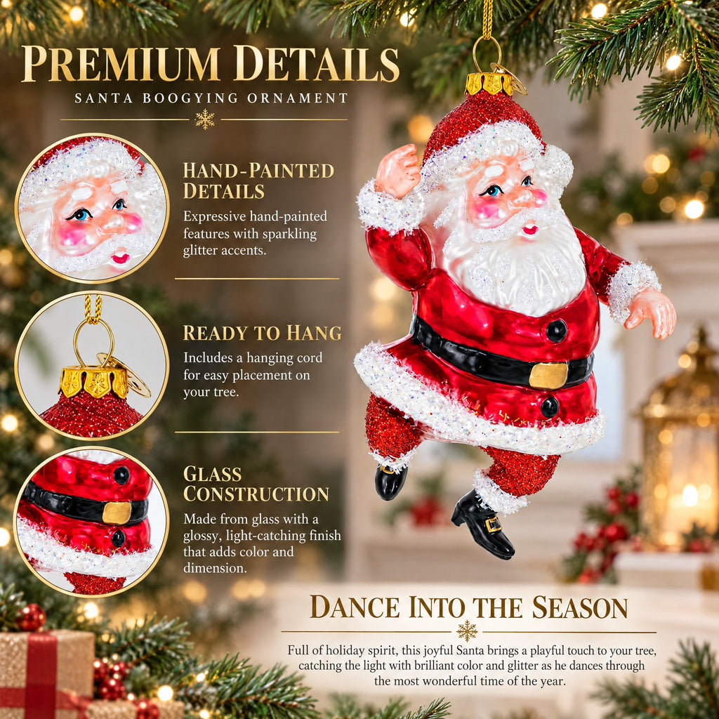 Santa Boogying in Festive Red Attire Glass Christmas Ornament