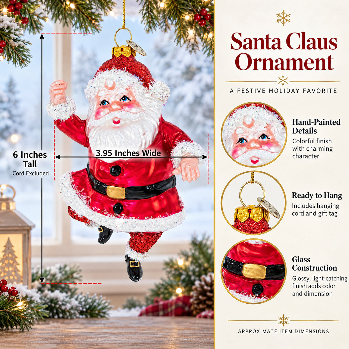 Santa Boogying in Festive Red Attire Glass Christmas Ornament