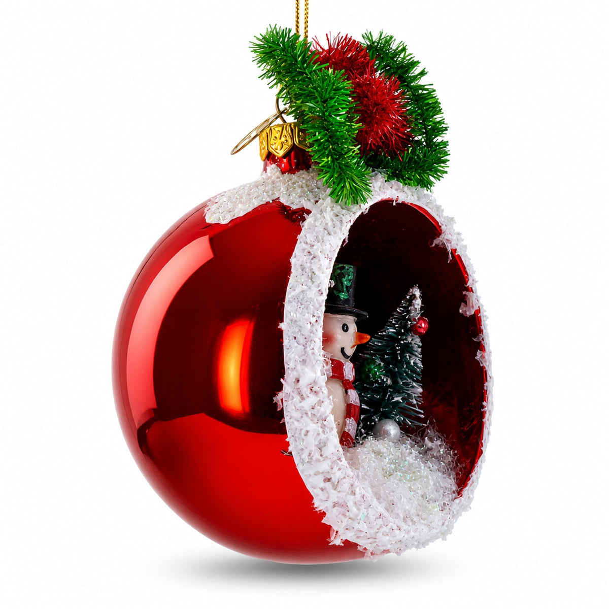 Festive Snowman and Christmas Tree Glass Ornament