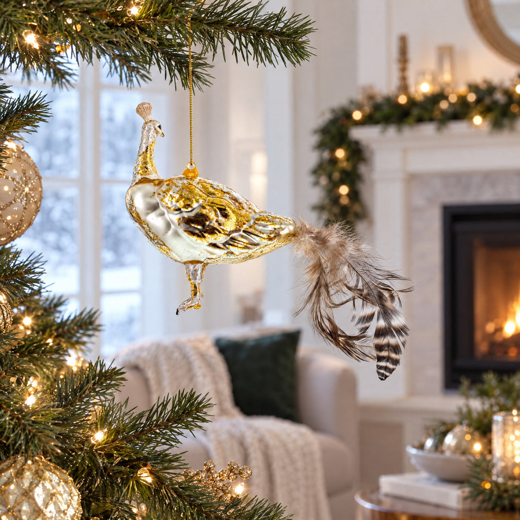 Regal Golden Peacock Glass Christmas Ornament