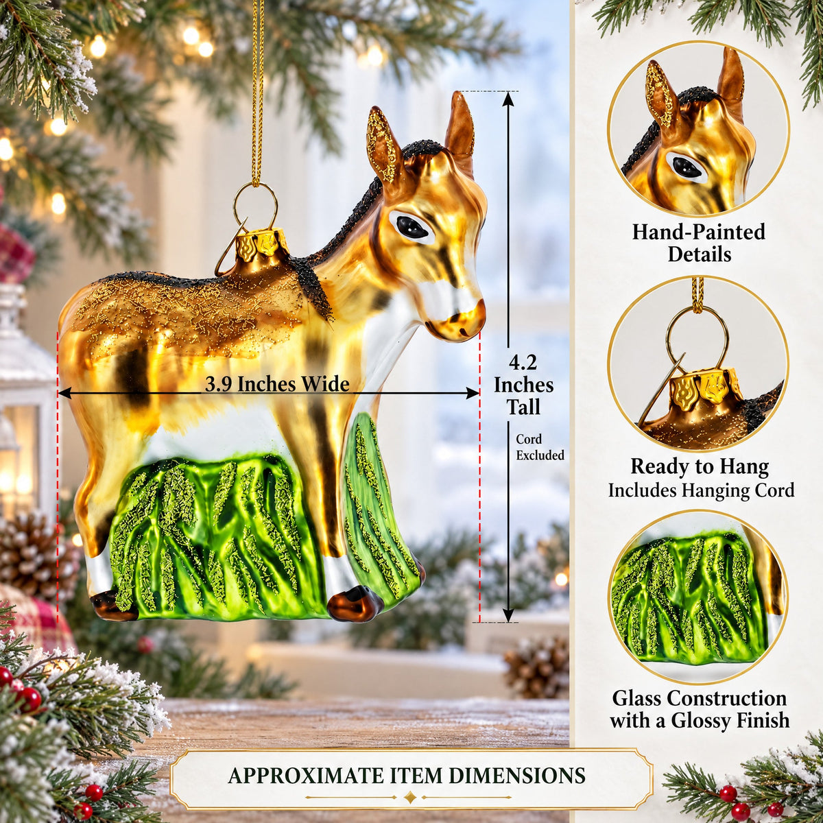 Donkey with Festive Decorations Glass Christmas Ornament