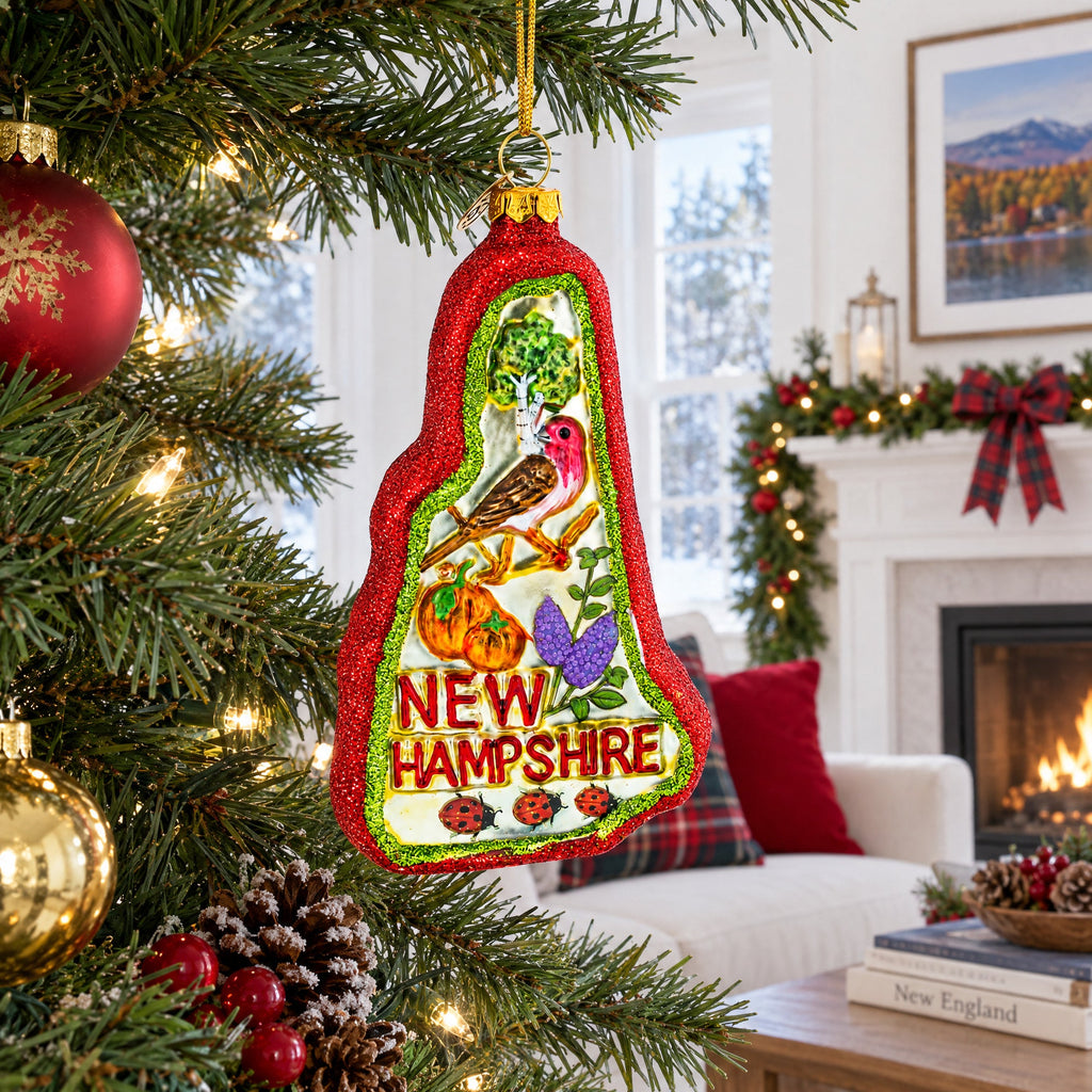 State of New Hampshire Symbols, USA Glass Christmas Ornament