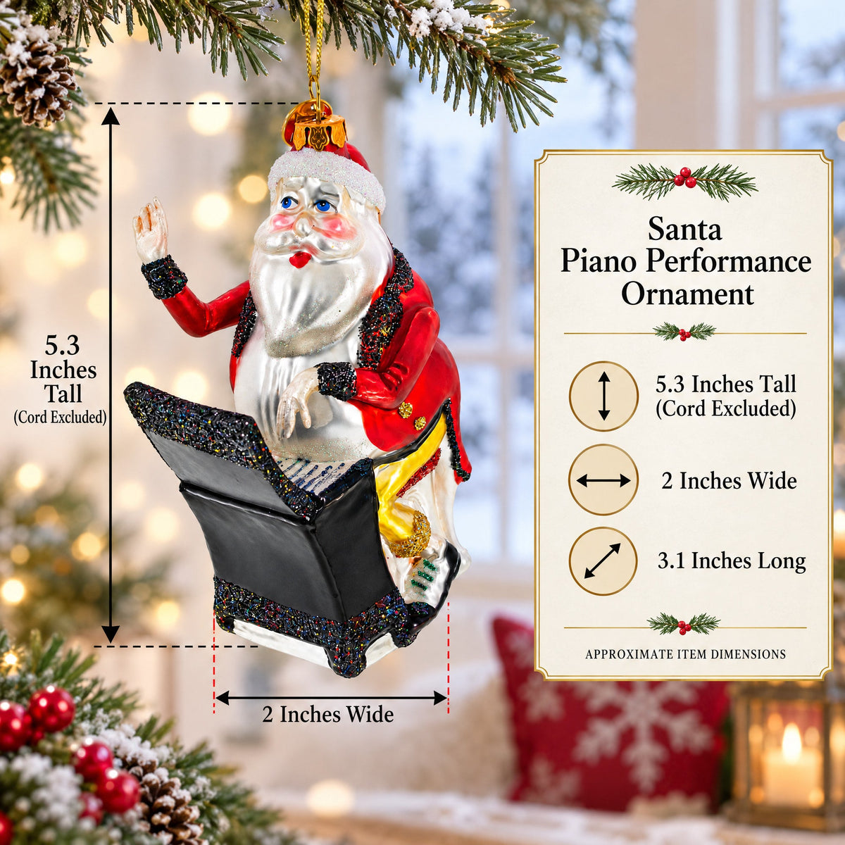 Santa Piano Performance Glass Christmas Ornament