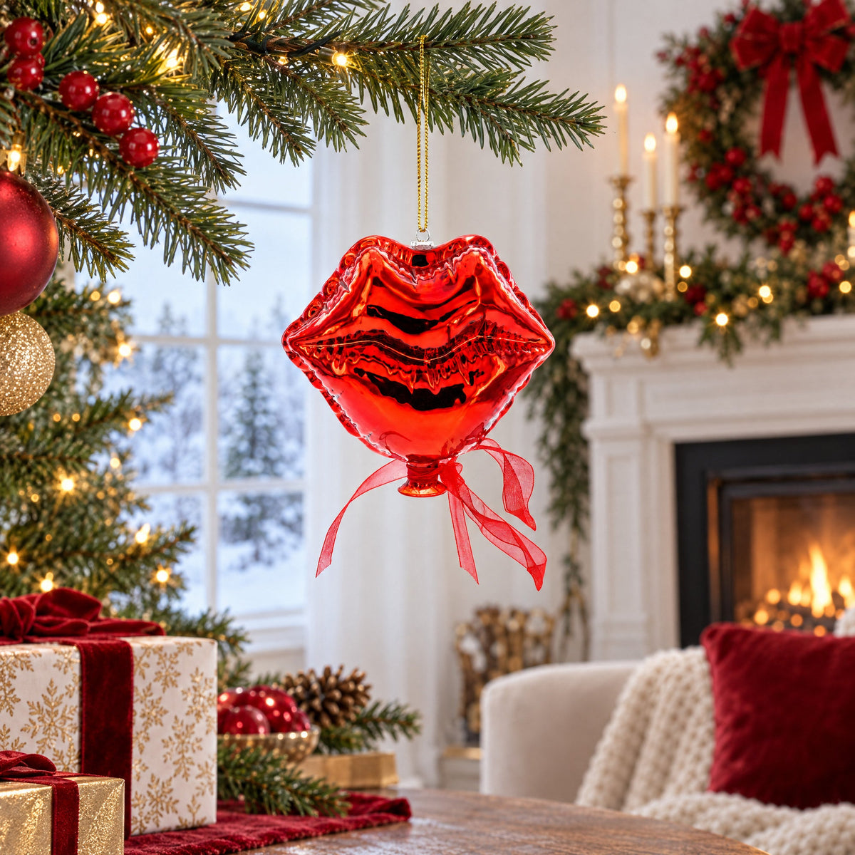 Sultry Red Lips Glass Christmas Ornament