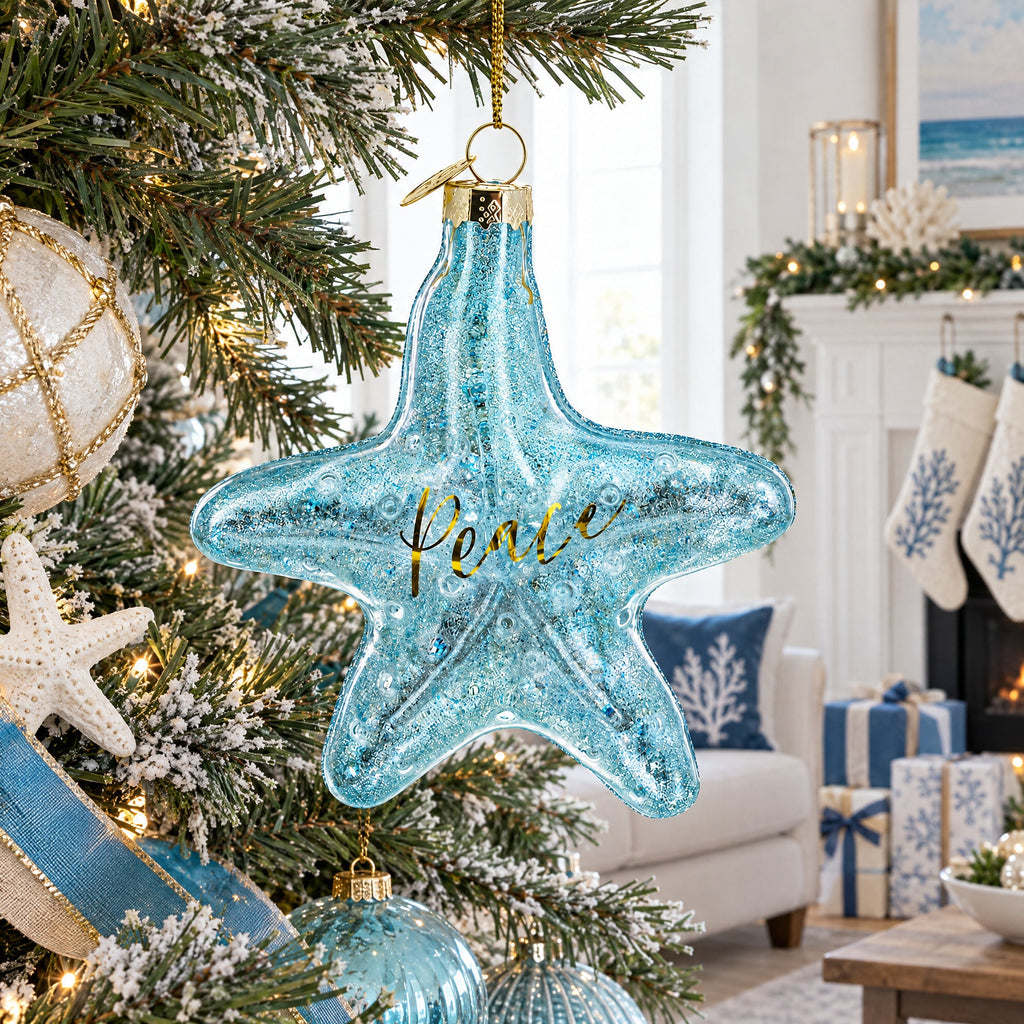 Blue Shiny Star "Piece" Glass Christmas Ornament