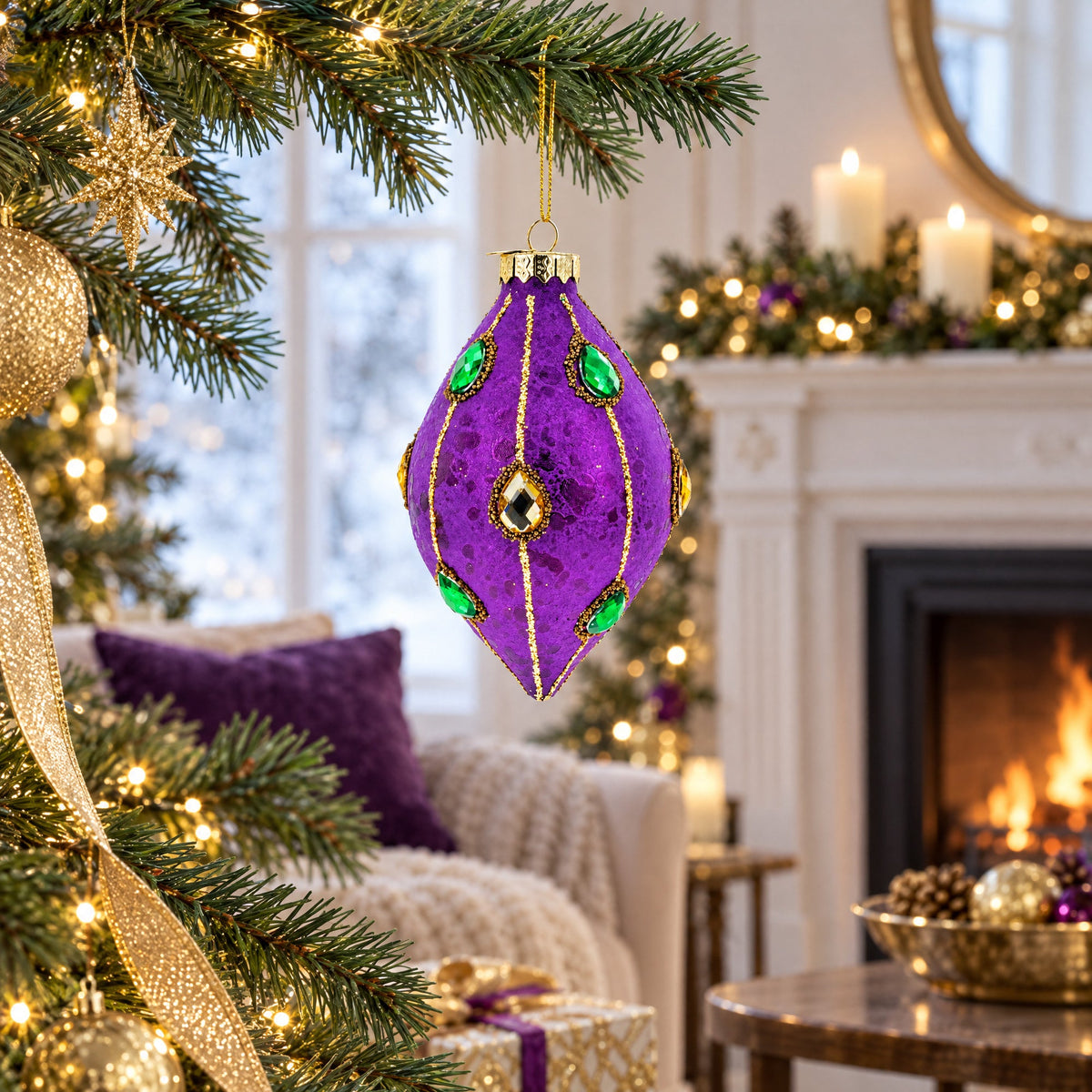 Jeweled-Accent Purple Rhombus Finial Glass Christmas Ornament