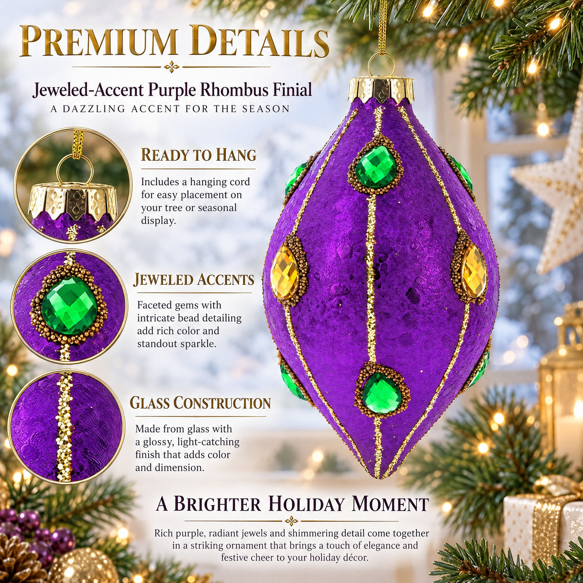 Jeweled-Accent Purple Rhombus Finial Glass Christmas Ornament