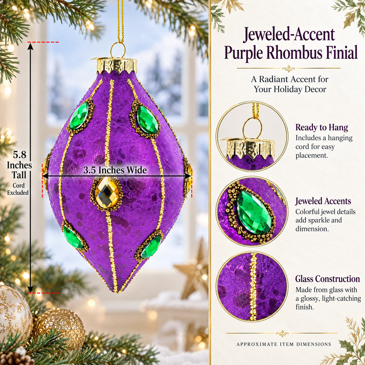 Jeweled-Accent Purple Rhombus Finial Glass Christmas Ornament
