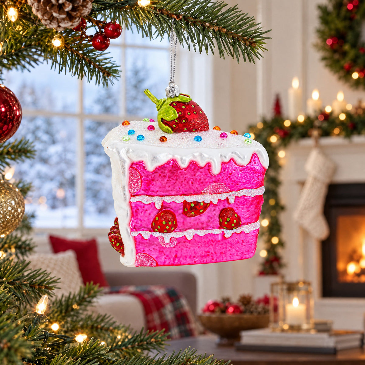 Piece of Strawberry Cake Glass Christmas Ornament