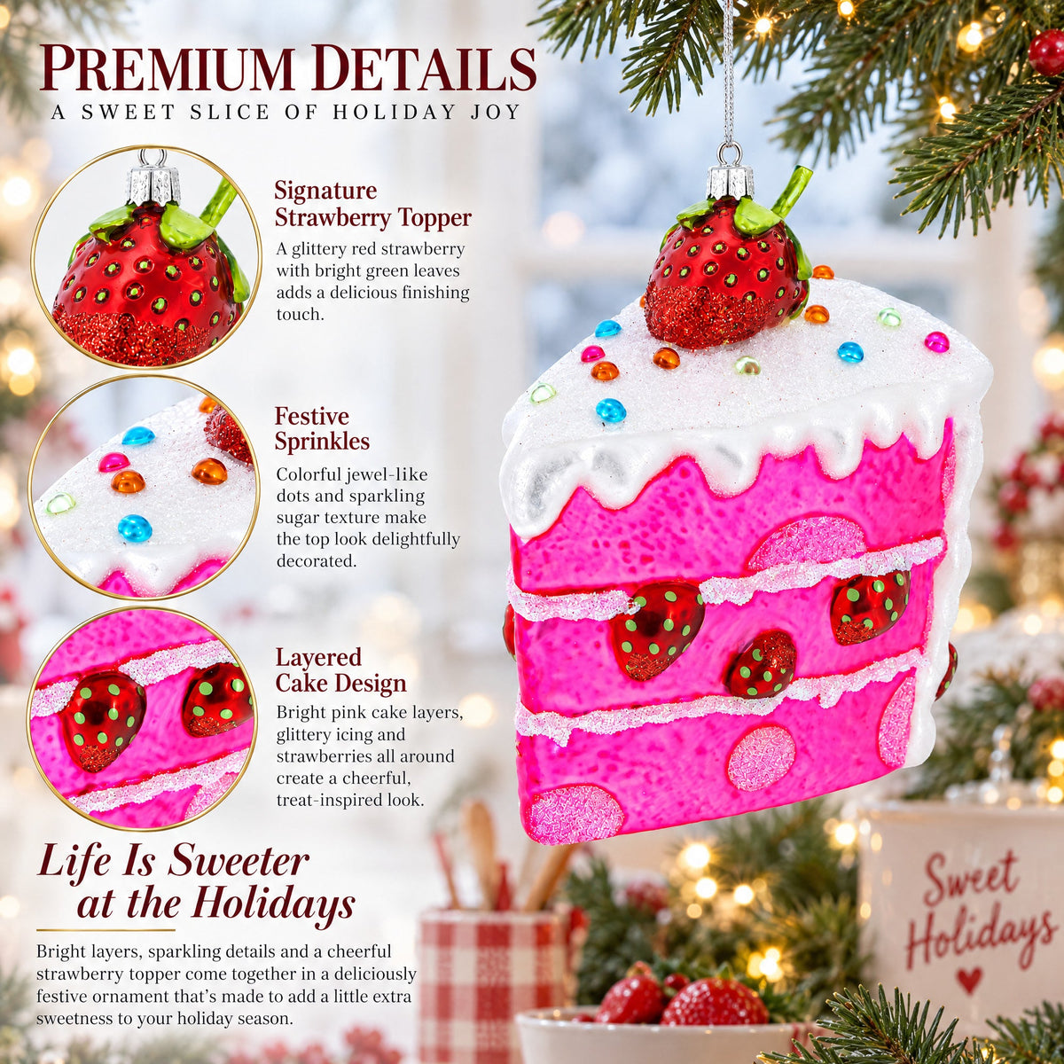 Piece of Strawberry Cake Glass Christmas Ornament