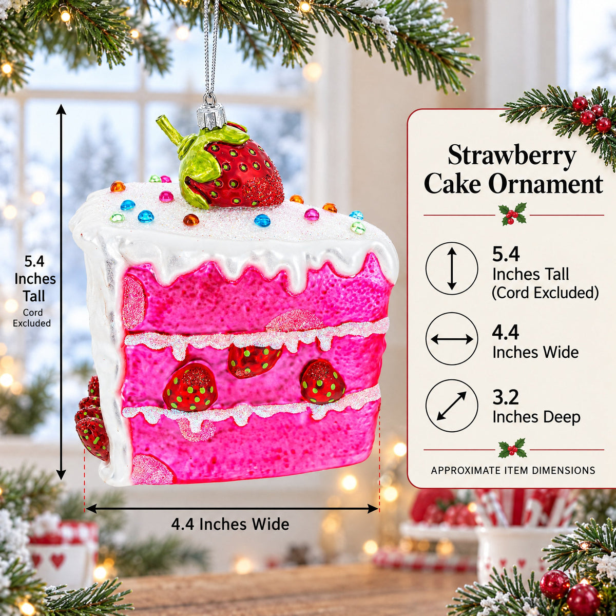 Piece of Strawberry Cake Glass Christmas Ornament