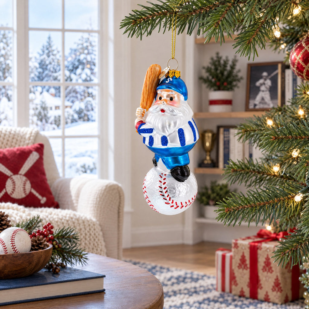 Santa the Baseball Player Glass Christmas Ornament