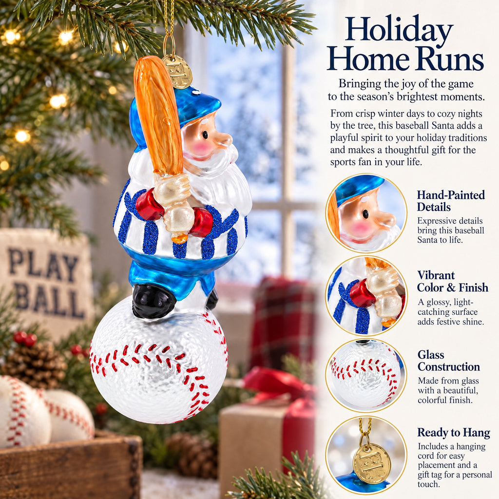 Santa the Baseball Player Glass Christmas Ornament