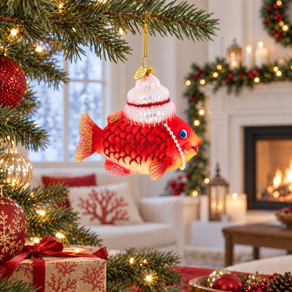 Grandma Fish in Santa Hat Glass Christmas Ornament